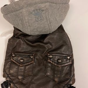 Faux leather jacket worn to model only